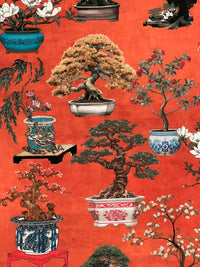 Thumbnail for Bright Red Oriental Fabric - Japanese Botanical Cotton with Bonsai Trees and Asian Flower Pots