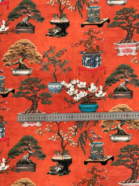 Thumbnail for Bright Red Oriental Fabric - Japanese Botanical Cotton with Bonsai Trees and Asian Flower Pots