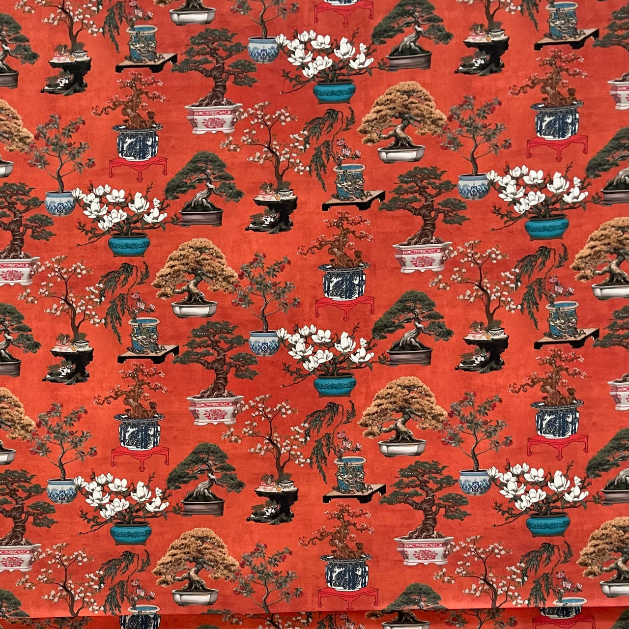 Bright Oriental Fabric - Japanese Botanical Cotton with Bonsai Trees and Asian Flower Pots