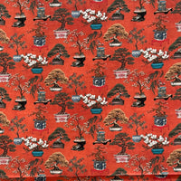 Thumbnail for Bright Red Oriental Fabric - Japanese Botanical Cotton with Bonsai Trees and Asian Flower Pots