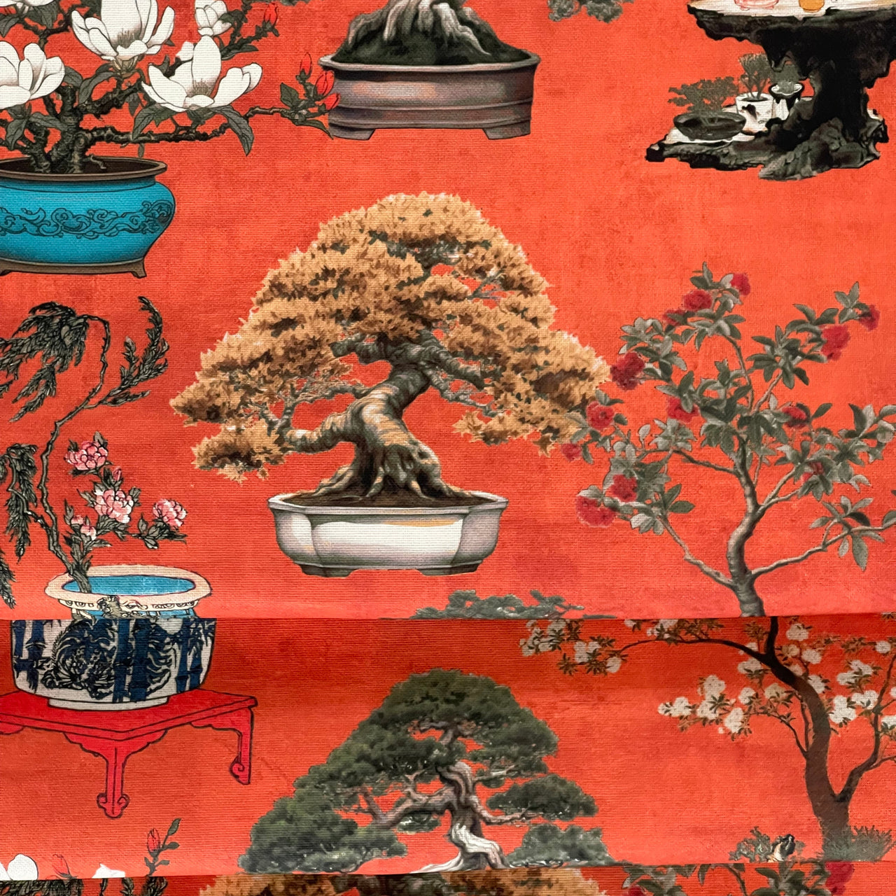 Bright Oriental Fabric - Japanese Botanical Cotton with Bonsai Trees and Asian Flower Pots