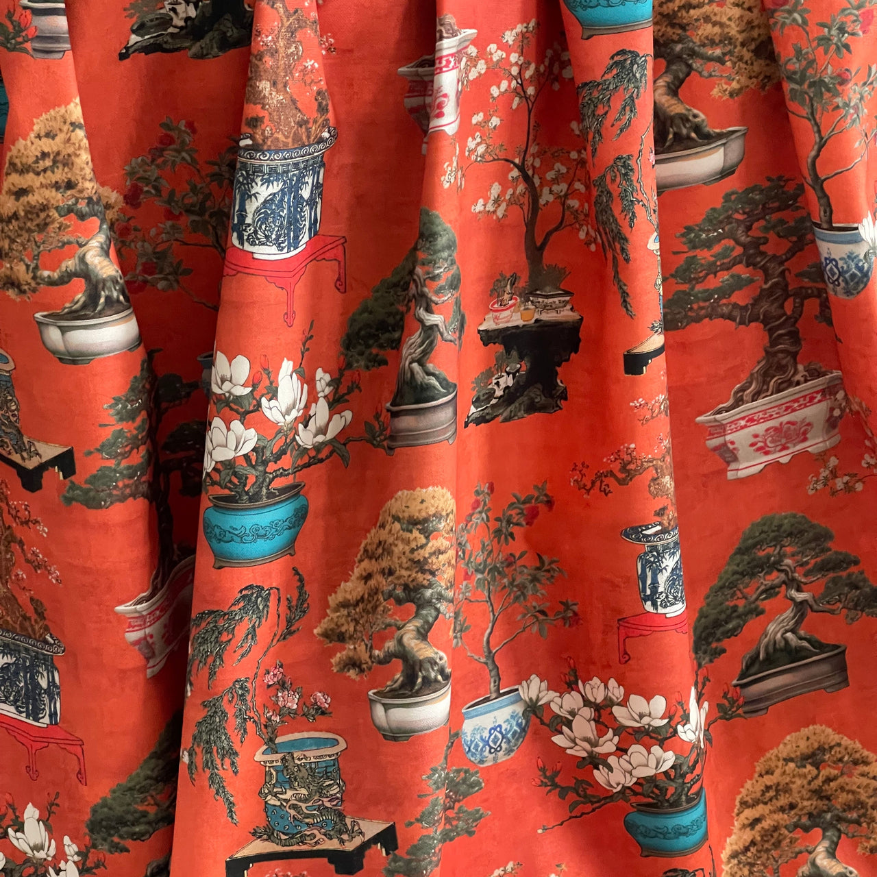 Bright Oriental Fabric - Japanese Botanical Cotton with Bonsai Trees and Asian Flower Pots