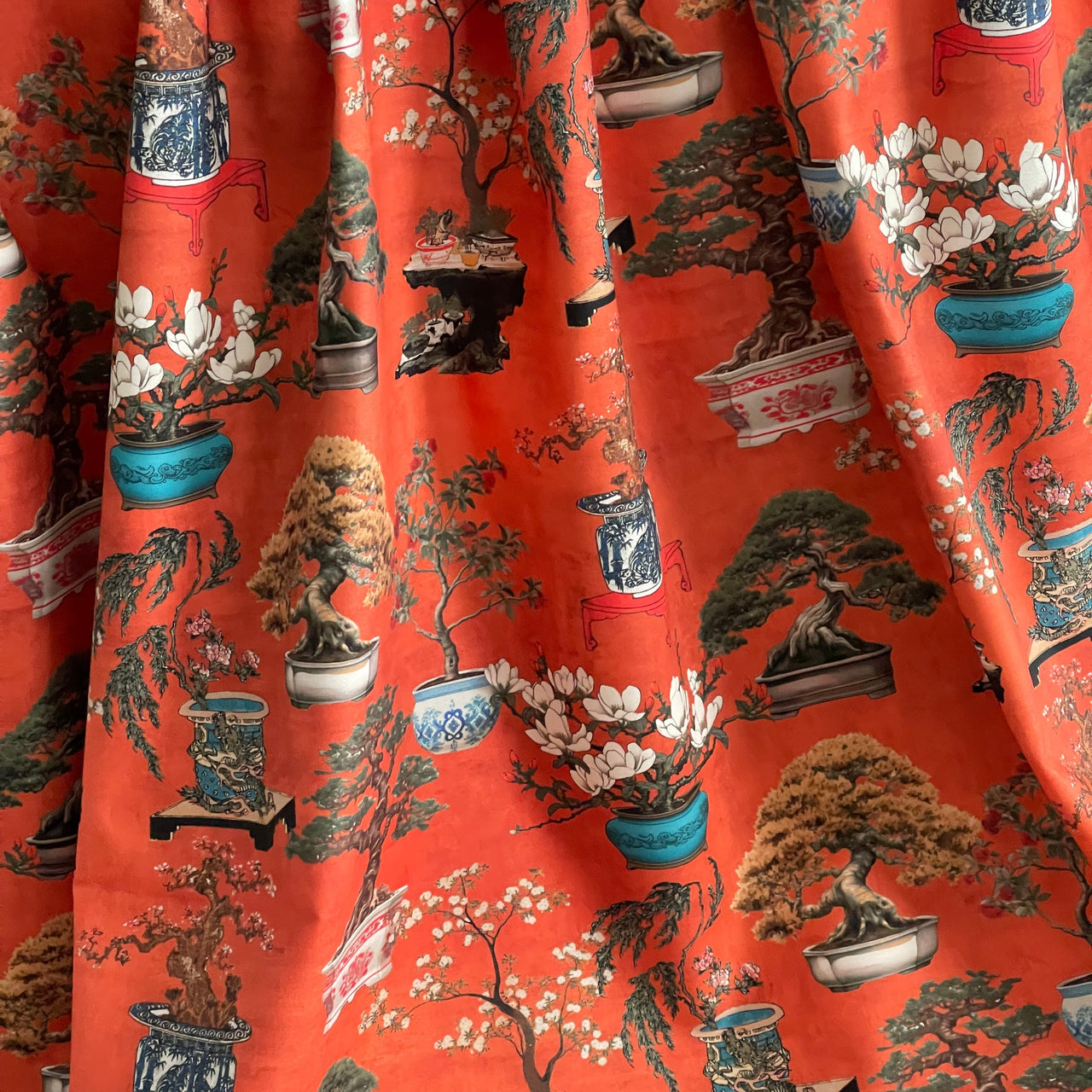 Bright Red Oriental Fabric - Japanese Botanical Cotton with Bonsai Trees and Asian Flower Pots