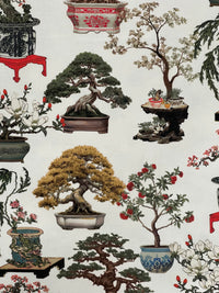 Thumbnail for White Oriental Fabric - Japanese Botanical Cotton with Bonsai Trees and Asian Flower Pots