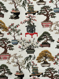 Thumbnail for White Oriental Fabric - Japanese Botanical Cotton with Bonsai Trees and Asian Flower Pots