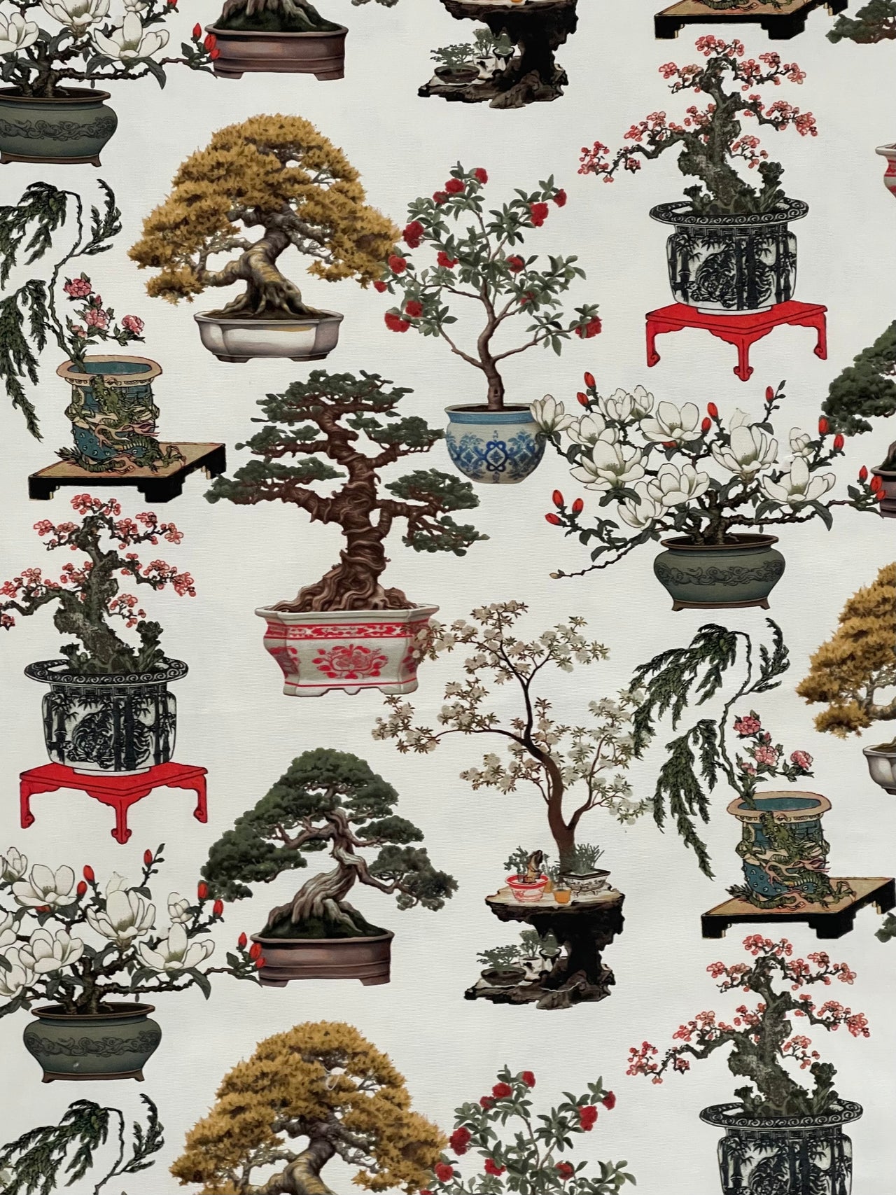 White Oriental Fabric - Japanese Botanical Cotton with Bonsai Trees and Asian Flower Pots