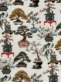 Thumbnail for White Oriental Fabric - Japanese Botanical Cotton with Bonsai Trees and Asian Flower Pots