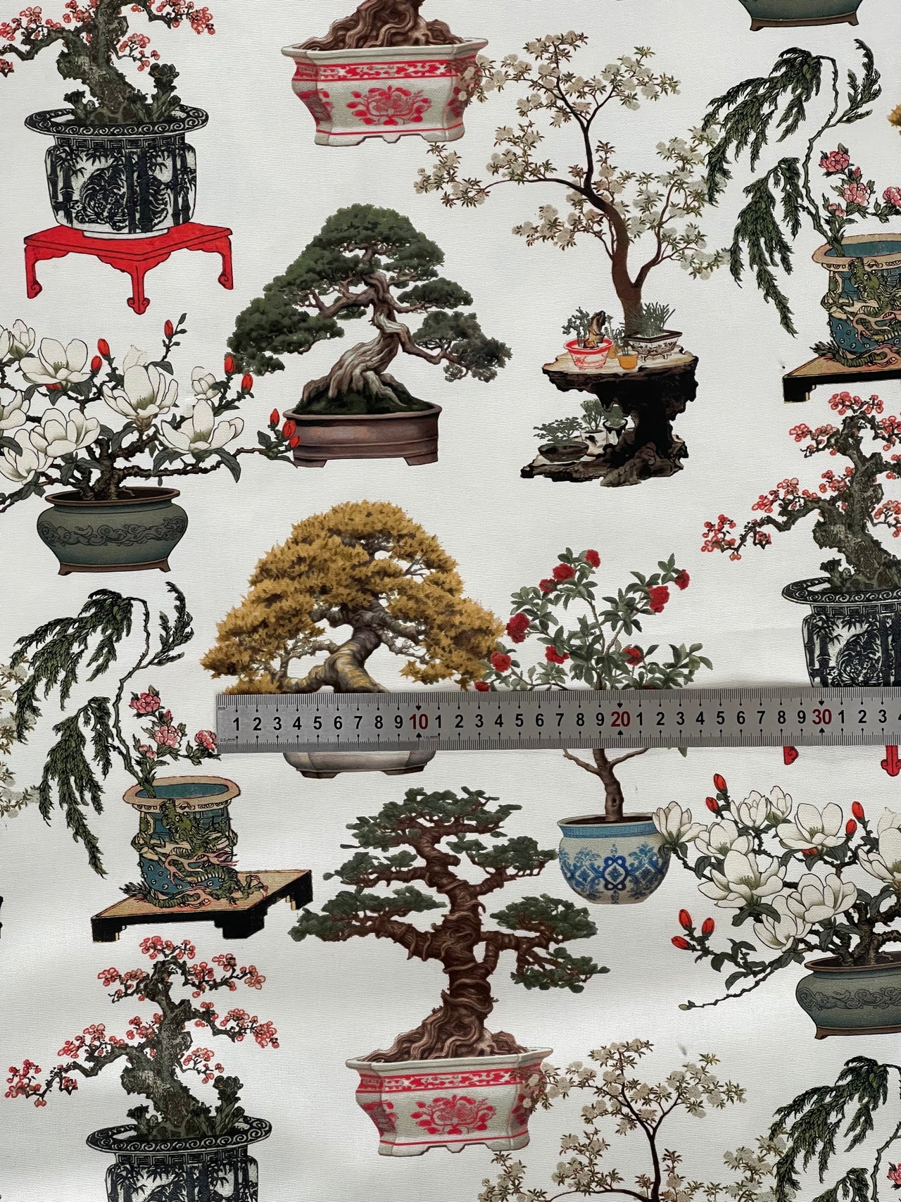 White Oriental Fabric - Japanese Botanical Cotton with Bonsai Trees and Asian Flower Pots