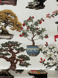 Thumbnail for White Oriental Fabric - Japanese Botanical Cotton with Bonsai Trees and Asian Flower Pots