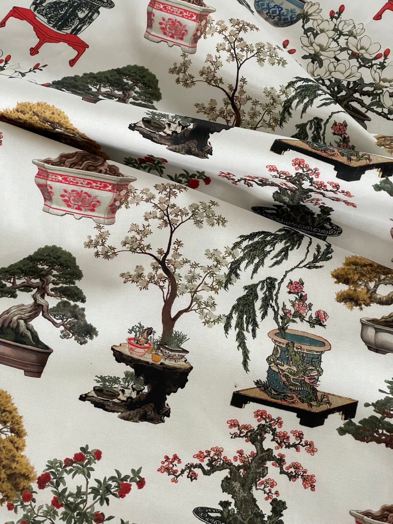 White Oriental Fabric - Japanese Botanical Cotton with Bonsai Trees and Asian Flower Pots