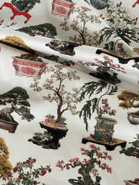 Thumbnail for White Oriental Fabric - Japanese Botanical Cotton with Bonsai Trees and Asian Flower Pots