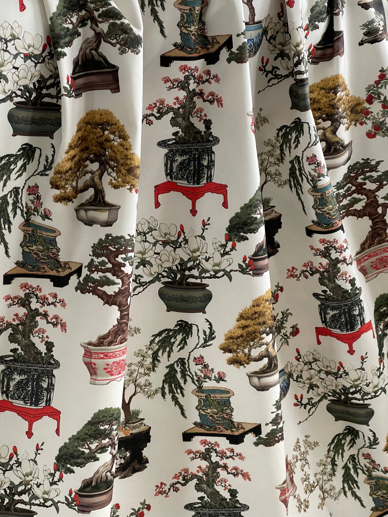 White Oriental Fabric - Japanese Botanical Cotton with Bonsai Trees and Asian Flower Pots