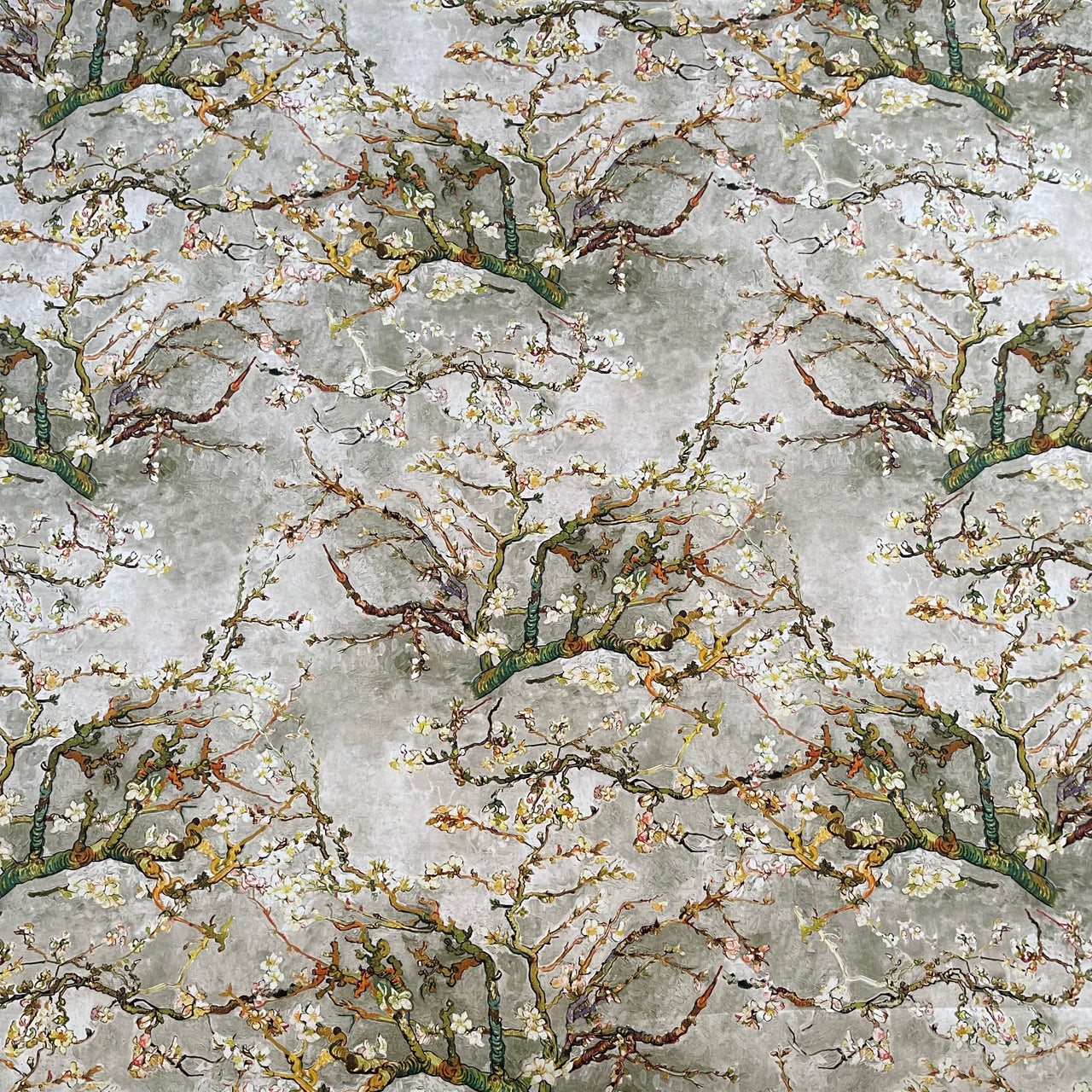 Almond Blossoms Cotton Fabric – Van Gogh Painting in Grey, Green & Yellow Tone - Cherry Blooms Design