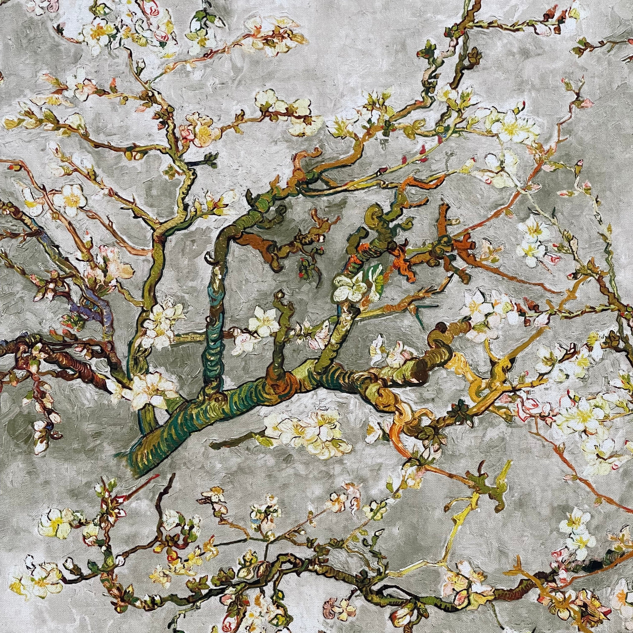 Almond Blossoms Cotton Fabric – Van Gogh Painting in Grey, Green & Yellow Tone - Cherry Blooms Design