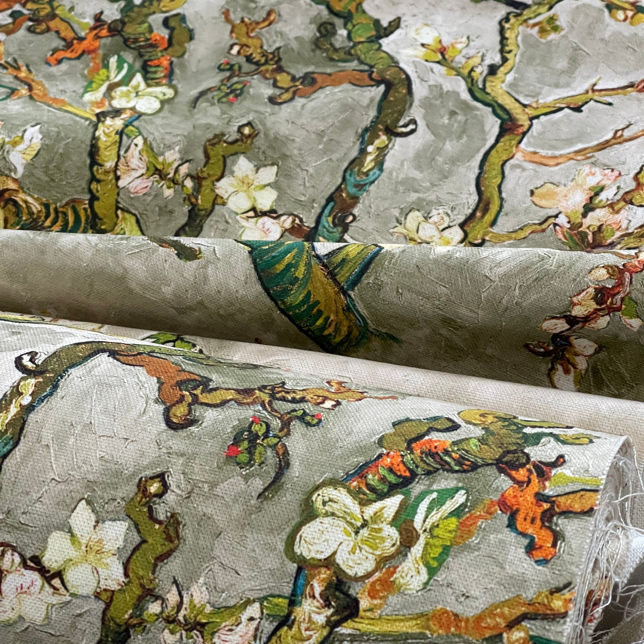 Almond Blossoms Cotton Fabric – Van Gogh Painting in Grey, Green & Yellow Tone - Cherry Blooms Design