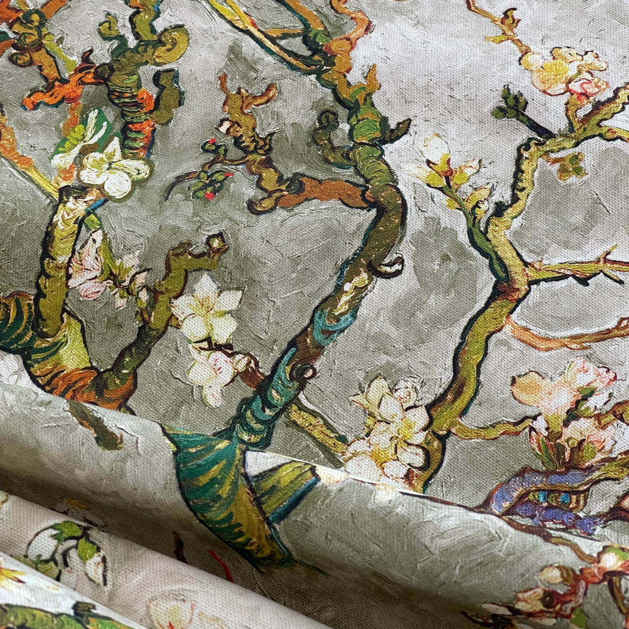 Almond Blossoms Cotton Fabric – Van Gogh Painting in Grey, Green & Yellow Tone - Cherry Blooms Design