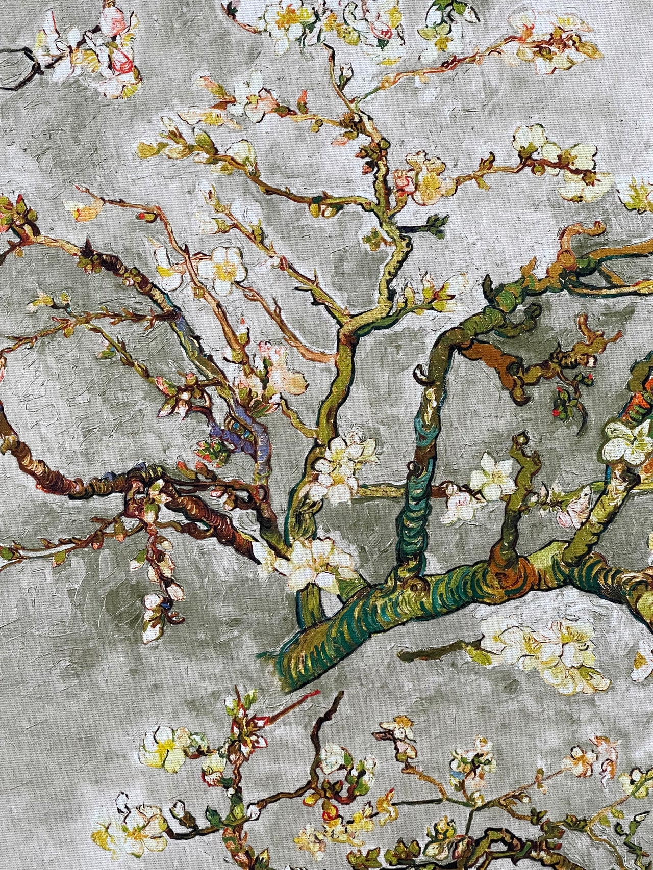 Almond Blossoms Cotton Fabric – Van Gogh Painting in Grey, Green & Yellow Tone - Cherry Blooms Design