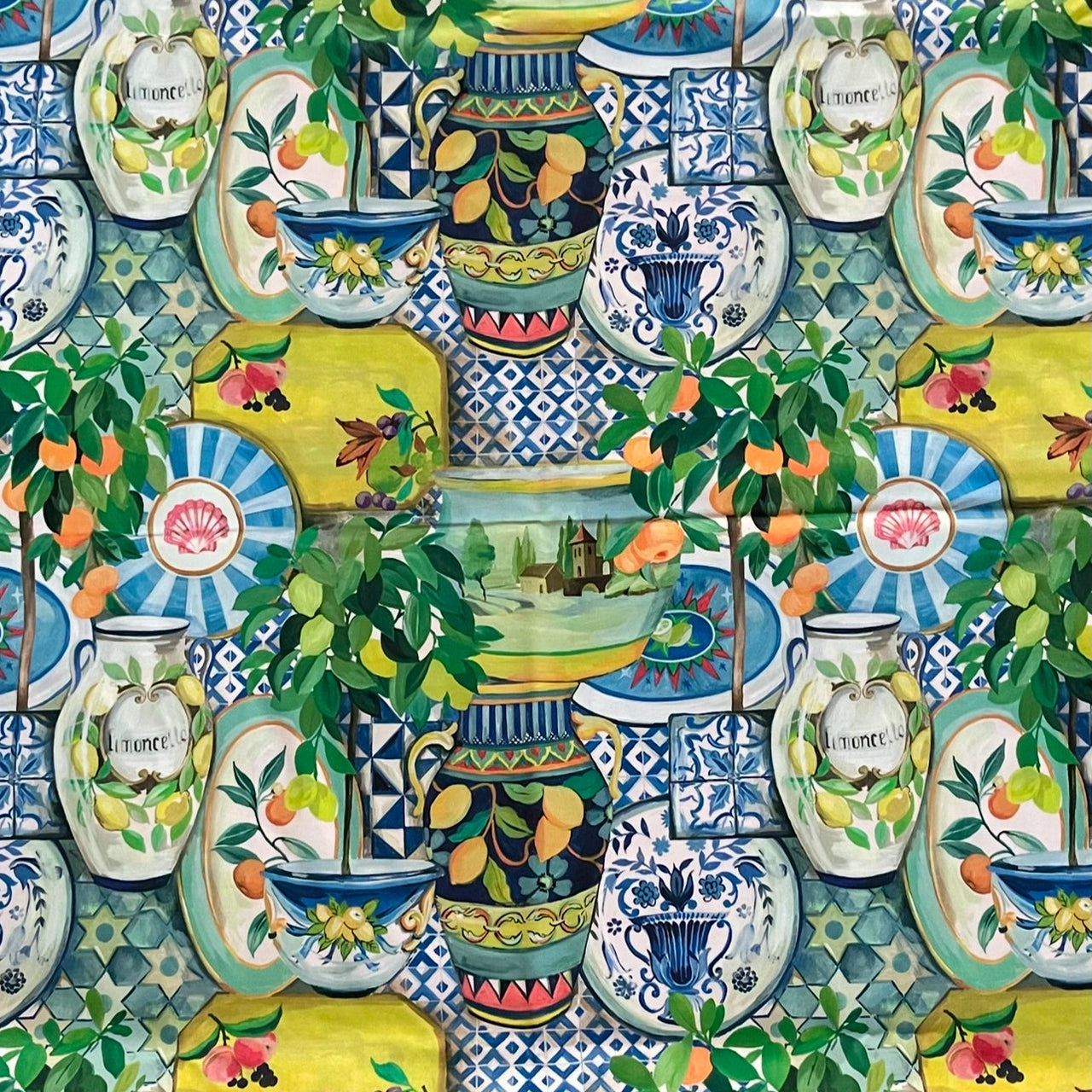 Mediterranean Citrus Garden Fabric – Organic Cotton with Lemon and Mandarin Tree Botanical Print