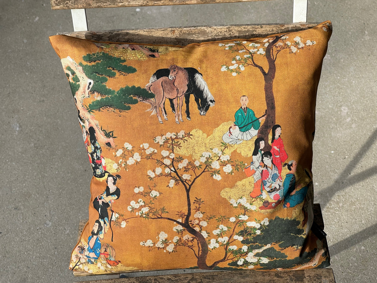 Oriental Cushion Cover – Geisha & Samurai in Mustard Yellow Cotton, Cherry Blossom Design