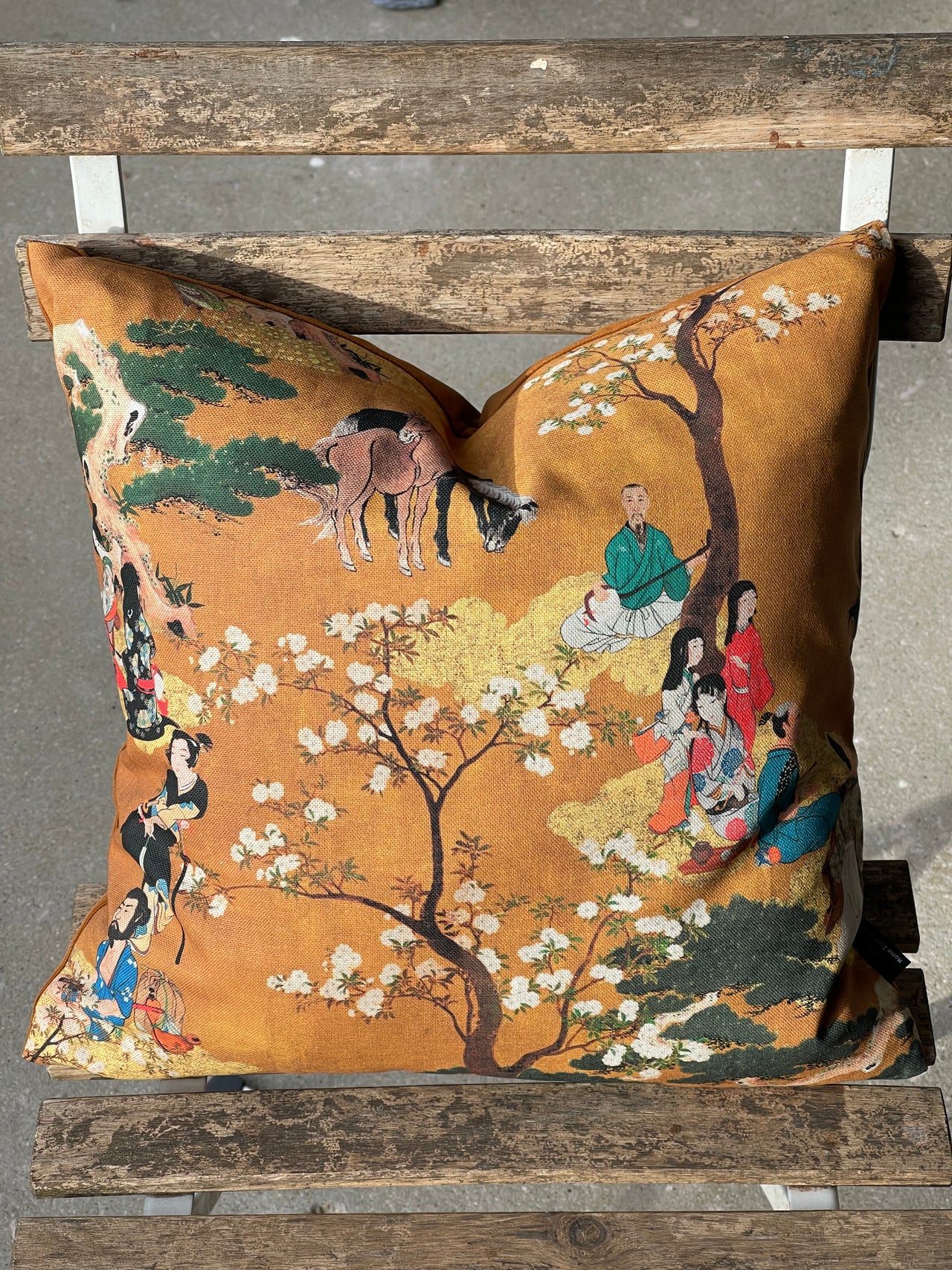 Oriental Cushion Cover – Geisha & Samurai in Mustard Yellow Cotton, Cherry Blossom Design