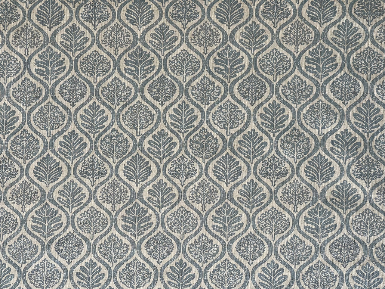 Soft Denim Blue Botanical Ogee Fabric – Scandinavian Folk Leaf Linen Look Upholstery & Curtain Fabric