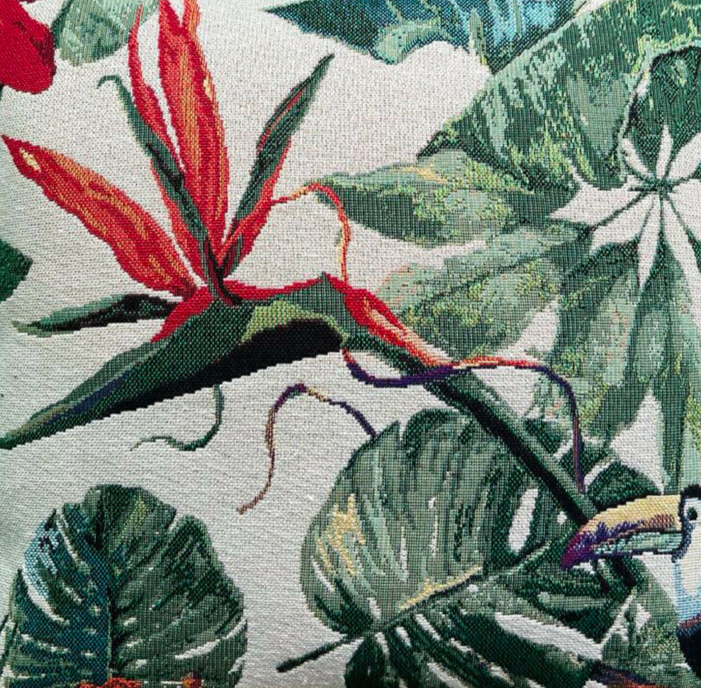 Toucan Woven Fabric for Home decor and Upholstery Botanical Design with Exotic Birds