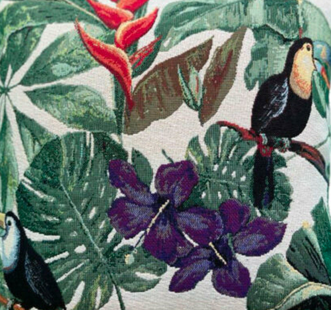 Toucan Woven Fabric for Home decor and Upholstery Botanical Design with Exotic Birds