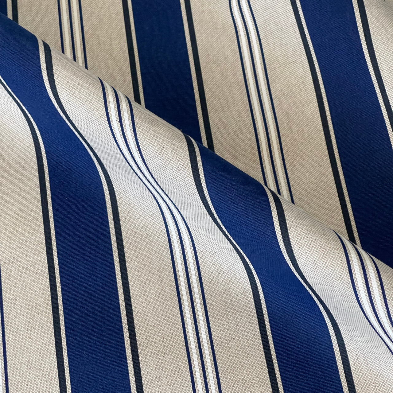 Riviera Blue Stripe Fabric – Navy & Beige Cotton Blend Fabric for Curtains & Blinds
