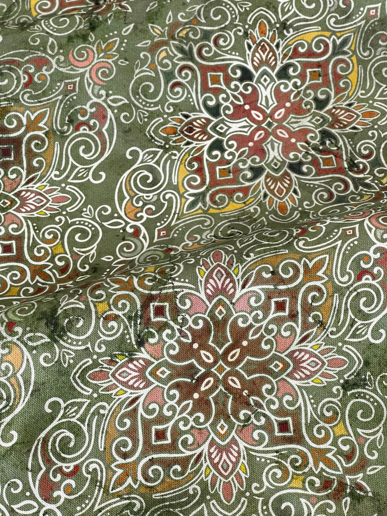 Persian Kilim Green Printed Organic Cotton Fabric – Oriental Moroccan Rug Carpet - Vintage Style Home Decor