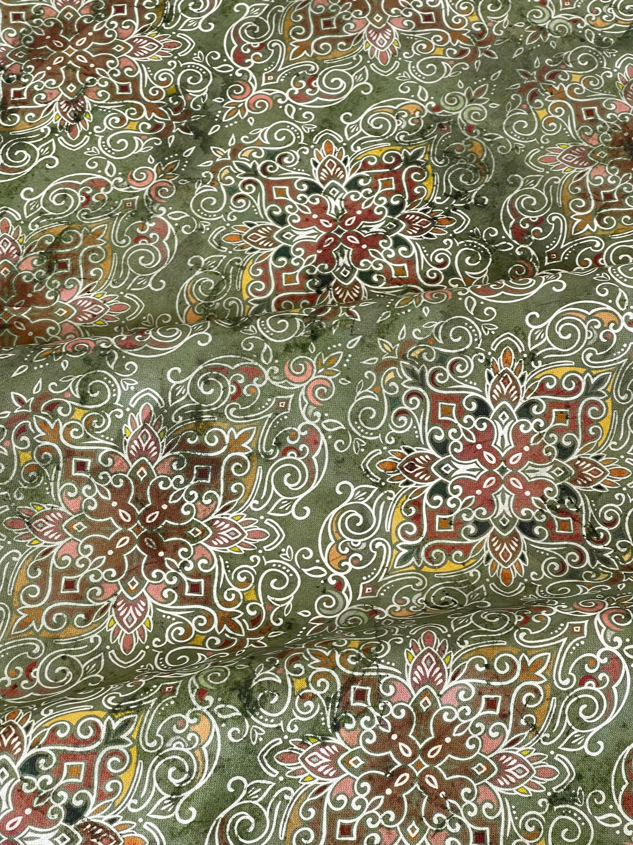 Persian Kilim Green Printed Organic Cotton Fabric – Oriental Moroccan Rug Carpet - Vintage Style Home Decor