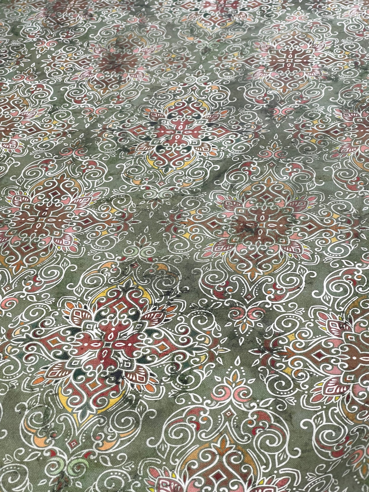 Persian Kilim Green Printed Organic Cotton Fabric – Oriental Moroccan Rug Carpet - Vintage Style Home Decor