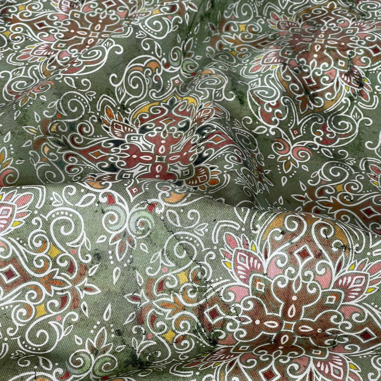 Persian Kilim Green Printed Organic Cotton Fabric – Oriental Moroccan Rug Carpet - Vintage Style Home Decor