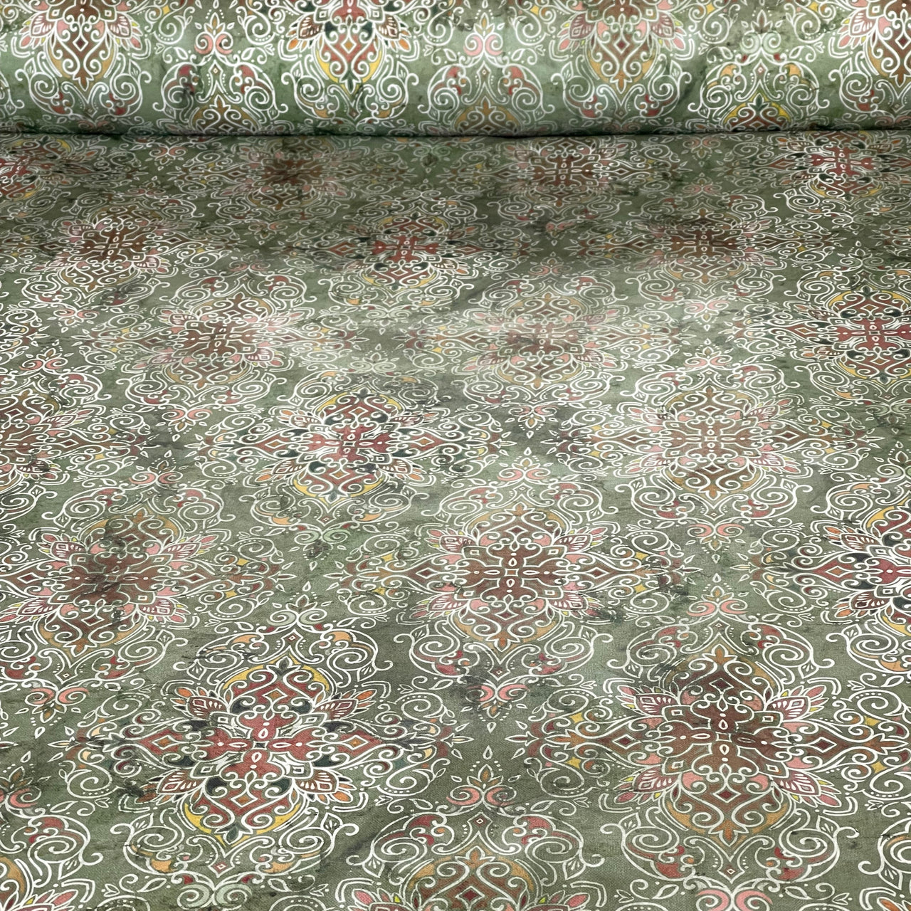 Persian Kilim Green Printed Organic Cotton Fabric – Oriental Moroccan Rug Carpet - Vintage Style Home Decor