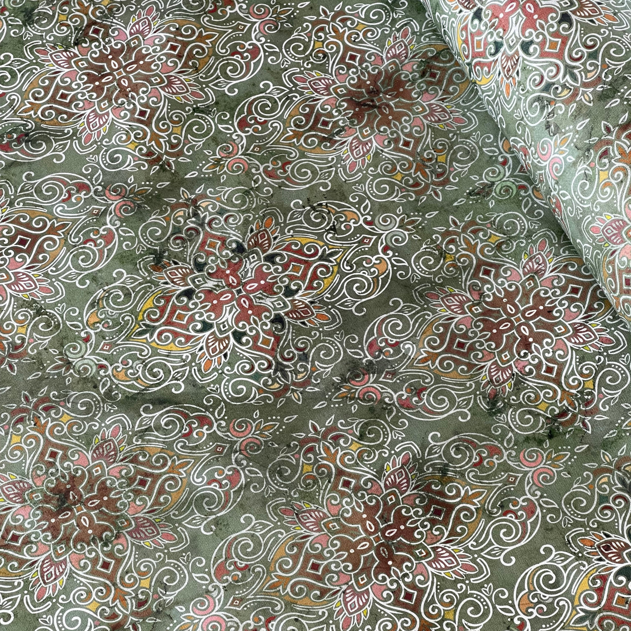 Persian Kilim Green Printed Organic Cotton Fabric – Oriental Moroccan Rug Carpet - Vintage Style Home Decor