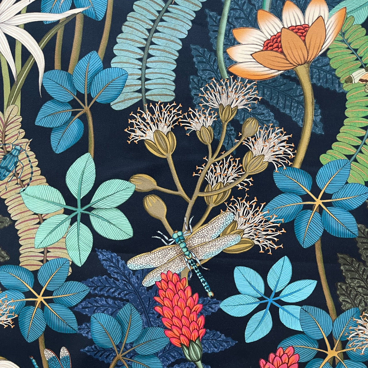 Vintage Style Botanical Fabric – Navy Blue Cotton with Moths, Dragonflies and Floral Print