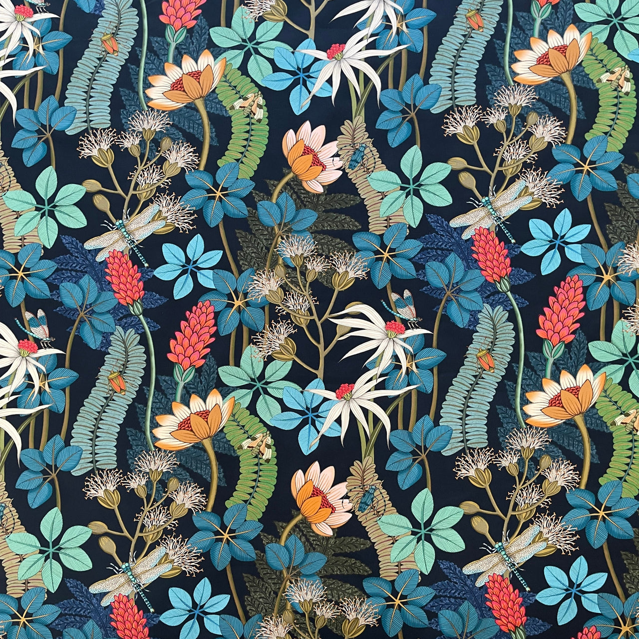 Vintage Style Botanical Fabric – Navy Blue Cotton with Moths, Dragonflies and Floral Print