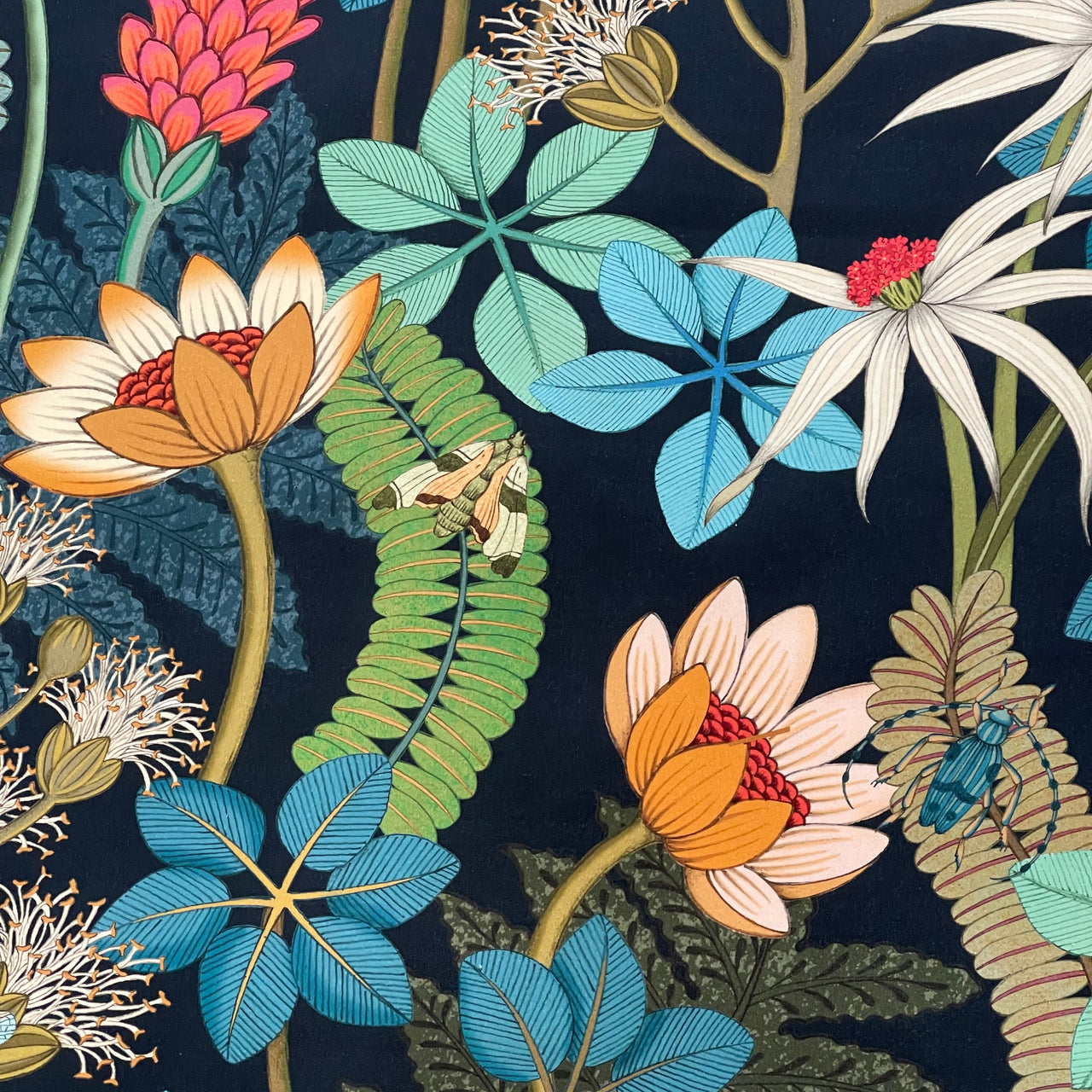 Vintage Style Botanical Fabric – Navy Blue Cotton with Moths, Dragonflies and Floral Print