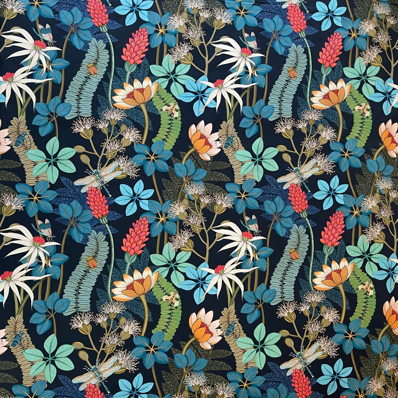 Vintage Style Botanical Fabric – Navy Blue Cotton with Moths, Dragonflies and Floral Print