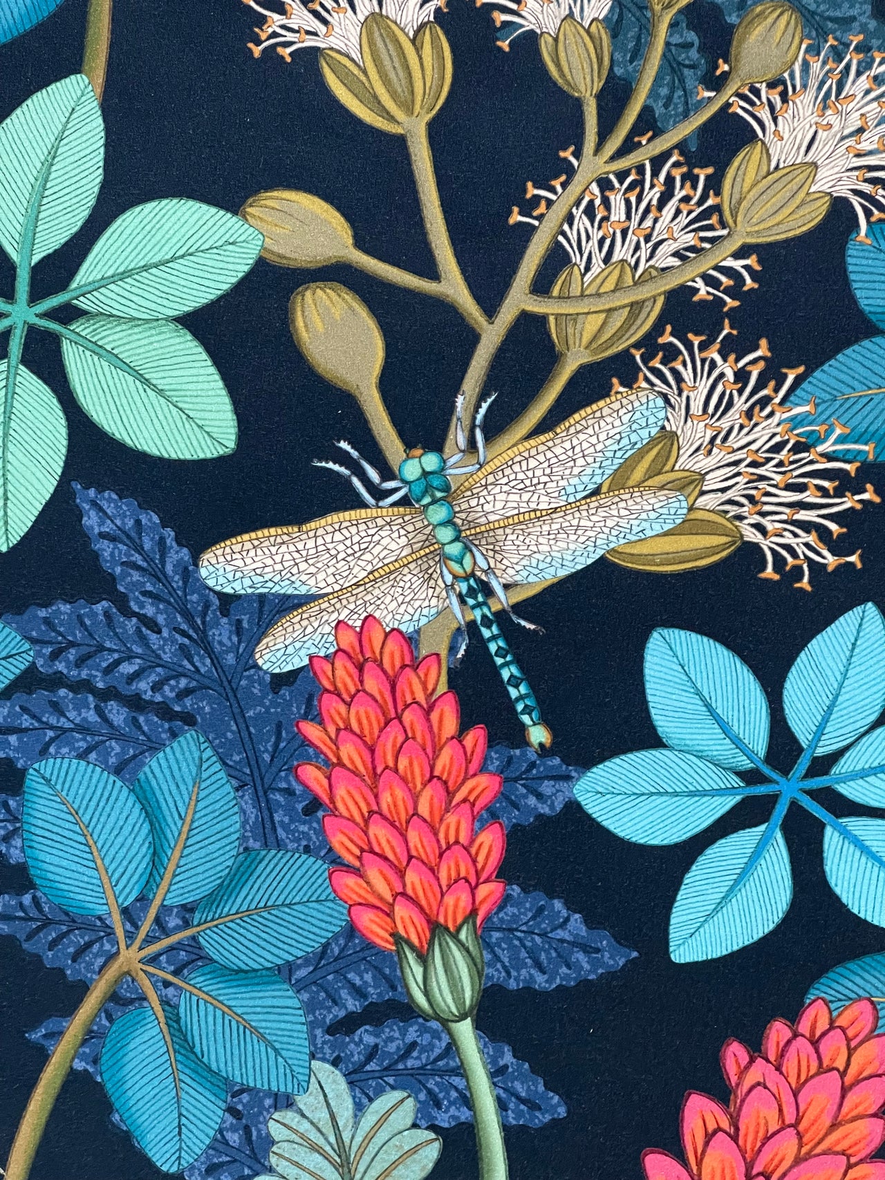 Vintage Style Botanical Fabric – Navy Blue Cotton with Moths, Dragonflies and Floral Print