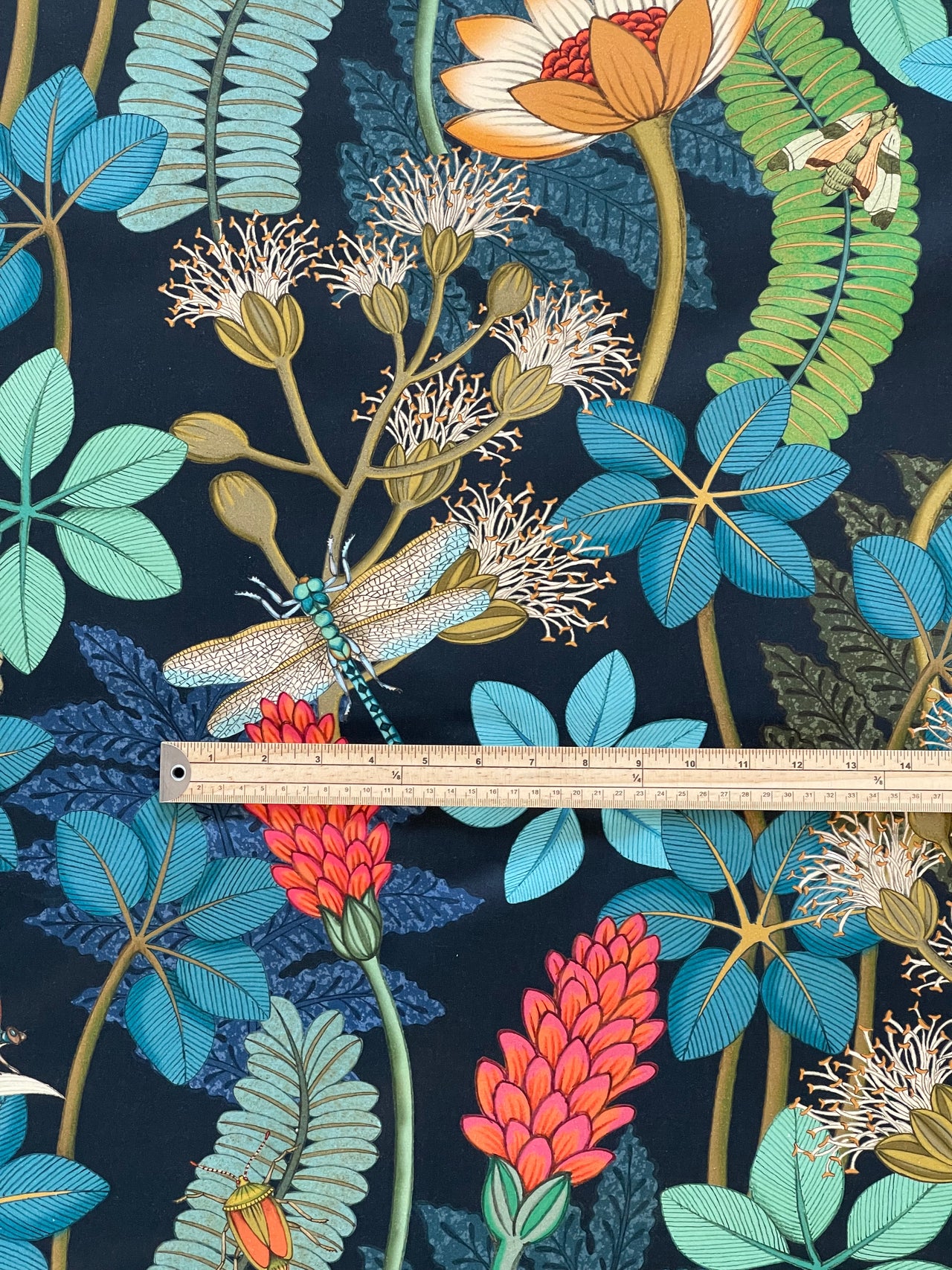 Vintage Style Botanical Fabric – Navy Blue Cotton with Moths, Dragonflies and Floral Print