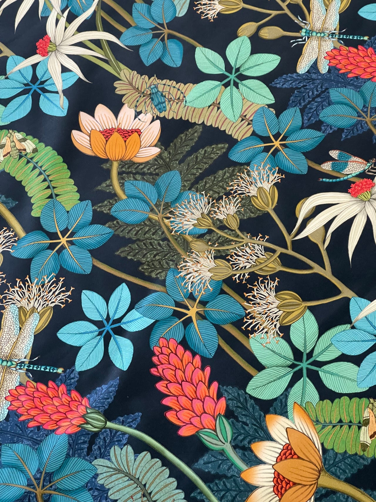 Vintage Style Botanical Fabric – Navy Blue Cotton with Moths, Dragonflies and Floral Print