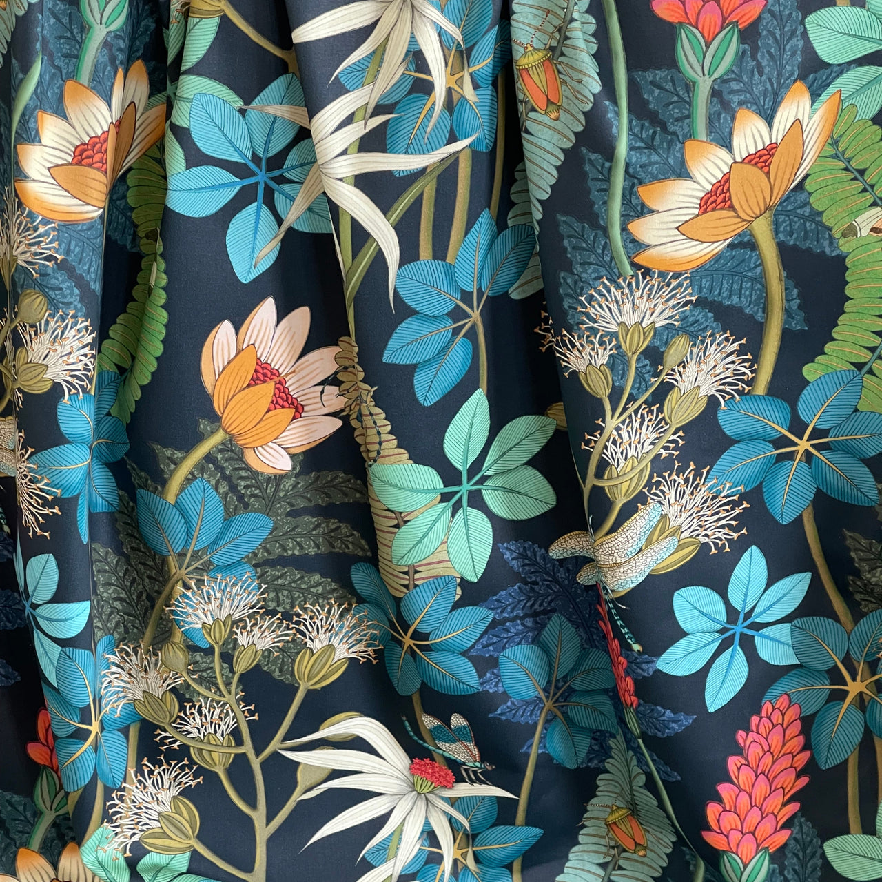 Vintage Style Botanical Fabric – Navy Blue Cotton with Moths, Dragonflies and Floral Print