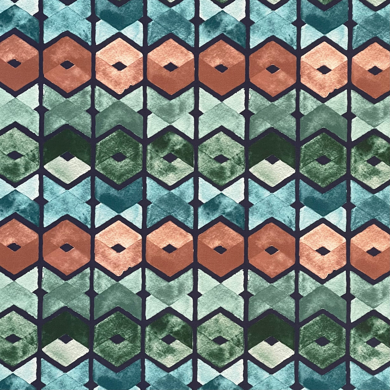 Art Deco Cotton Fabric – Geometric Retro Squares in Blue, Green & Brown for Curtains and Upholstery