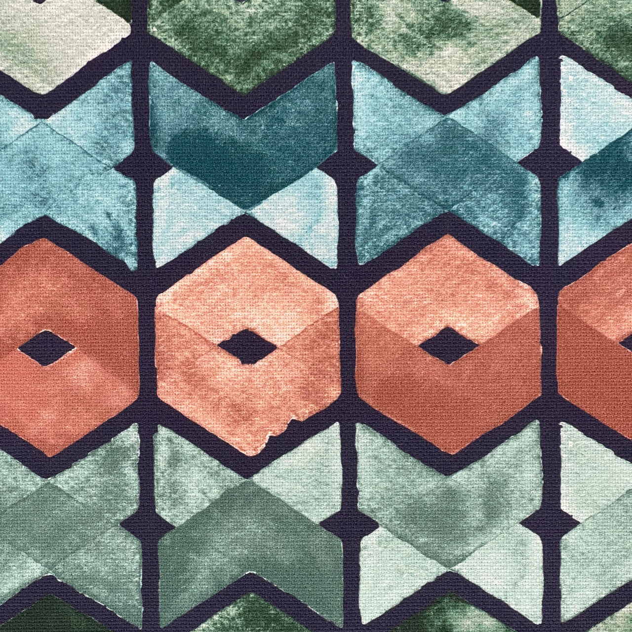 Art Deco Cotton Fabric – Geometric Retro Squares in Blue, Green & Brown for Curtains and Upholstery