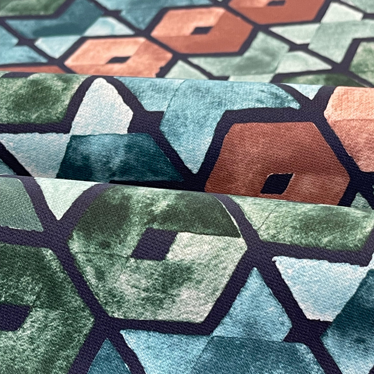 Art Deco Cotton Fabric – Geometric Retro Squares in Blue, Green & Brown for Curtains and Upholstery