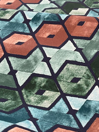 Thumbnail for Art Deco Cotton Fabric – Geometric Retro Squares in Blue, Green & Brown for Curtains and Upholstery