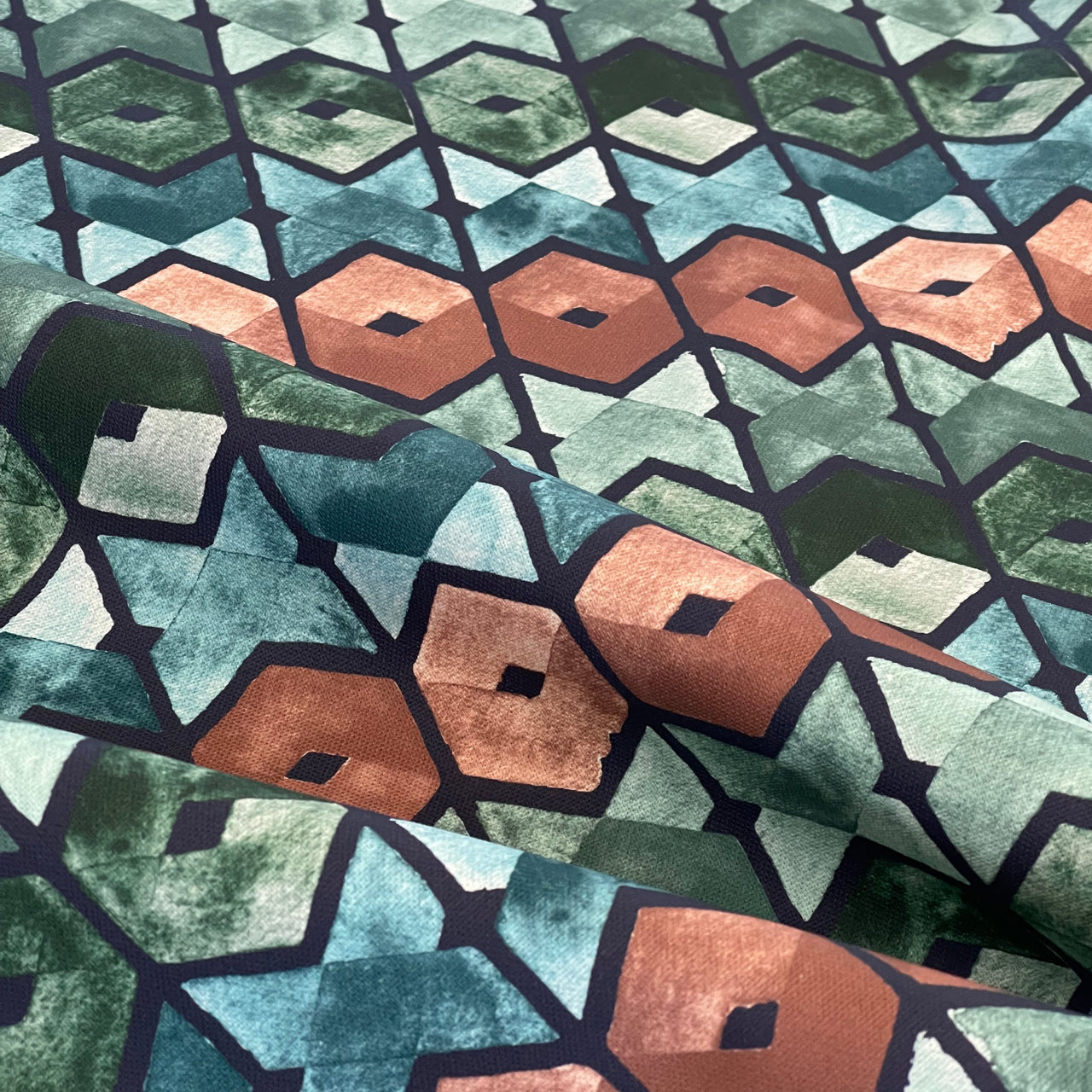 Art Deco Cotton Fabric – Geometric Retro Squares in Blue, Green & Brown for Curtains and Upholstery