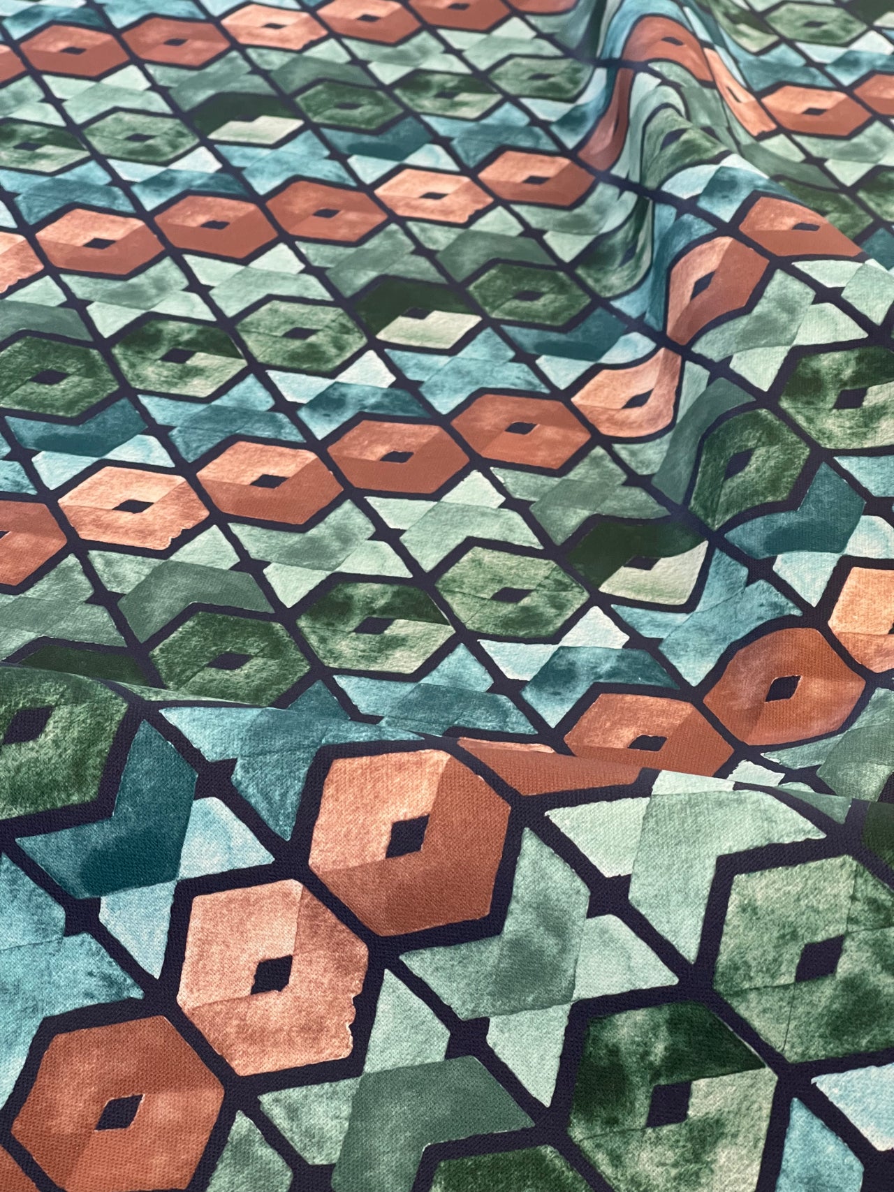 Art Deco Cotton Fabric – Geometric Retro Squares in Blue, Green & Brown for Curtains and Upholstery