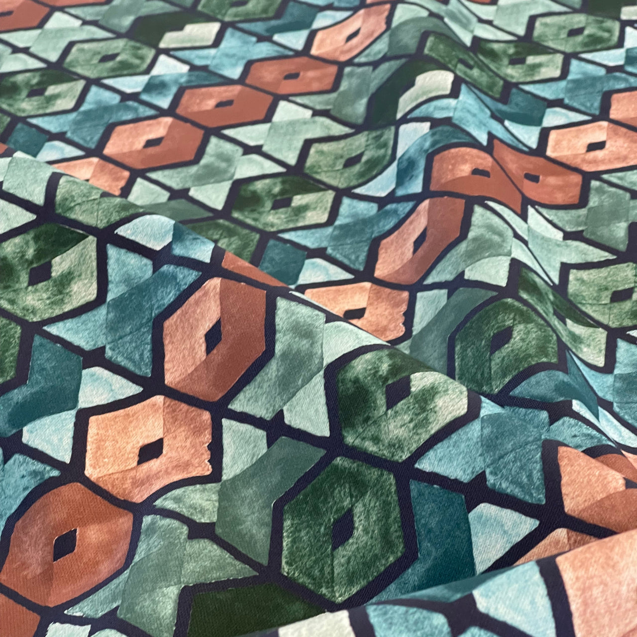 Art Deco Cotton Fabric – Geometric Retro Squares in Blue, Green & Brown for Curtains and Upholstery