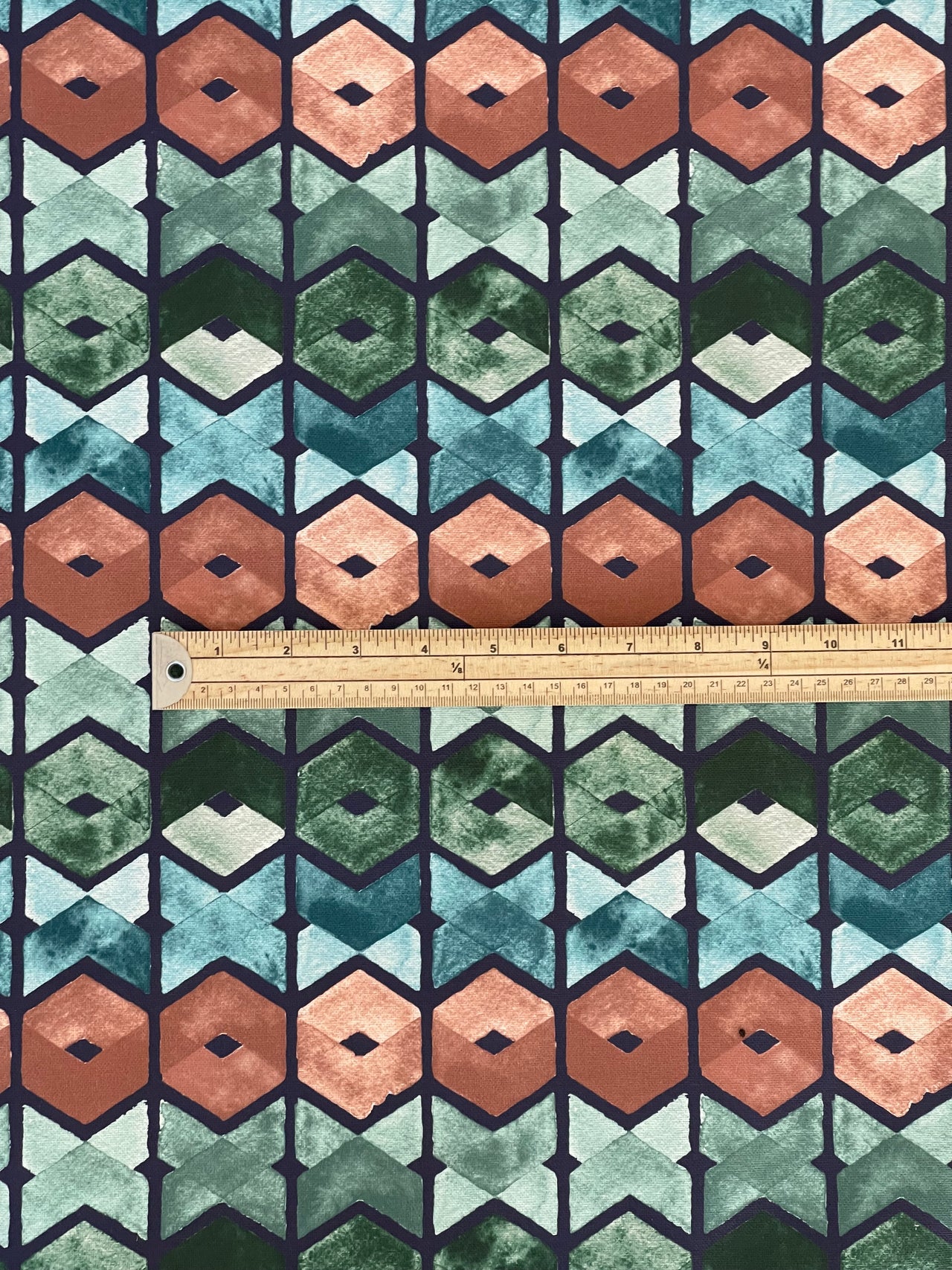 Art Deco Cotton Fabric – Geometric Retro Squares in Blue, Green & Brown for Curtains and Upholstery